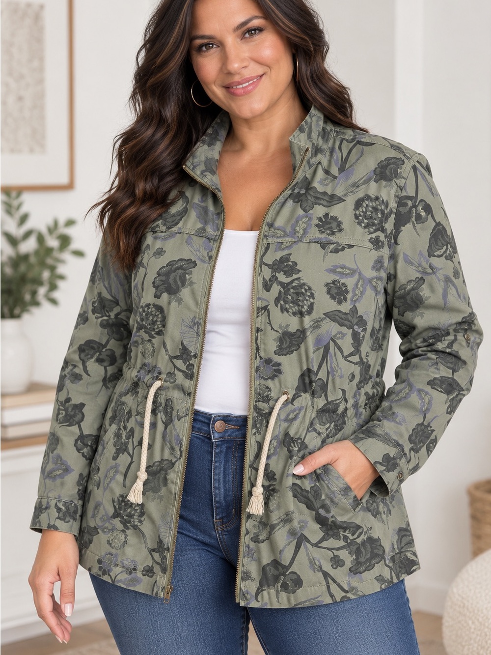 Adam Levine L Floral Utility Jacket Green Botanical Drawstring Field Jacket